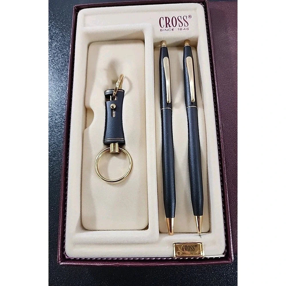 Cross Matte Black 23K Gold Trimmed Pen & Pencil 0.05mm Lead & Key‎ Ring Gift Set